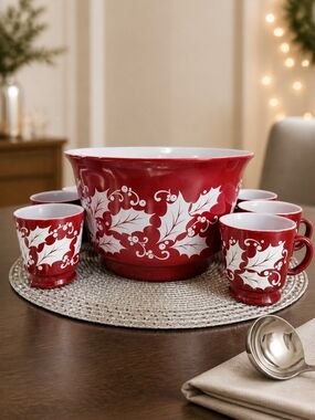 Holiday Holly Ceramic Punch Bowl Set